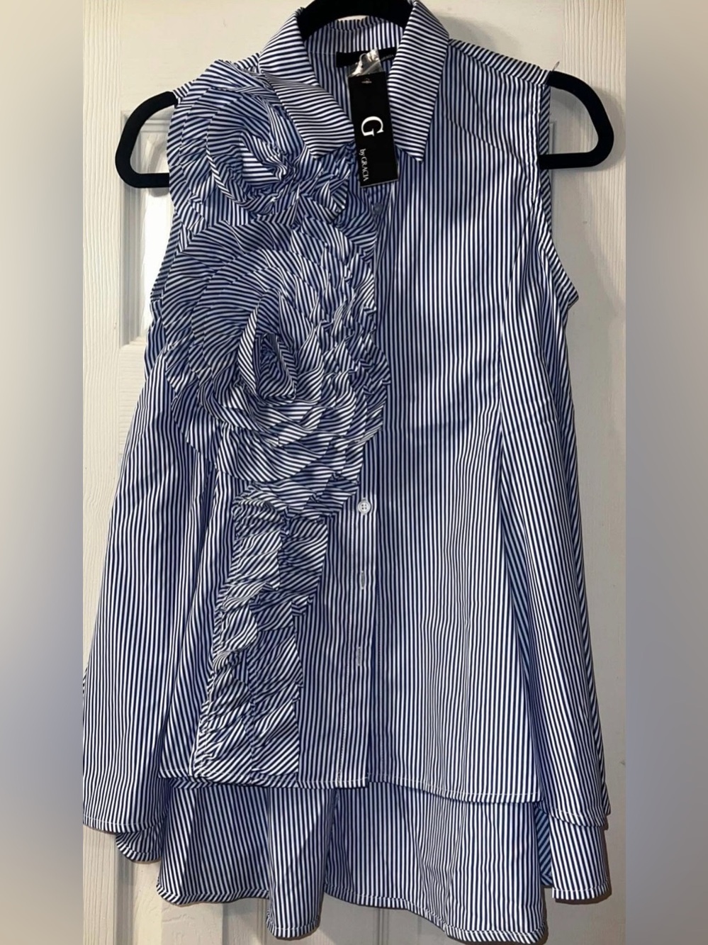 Striped Ruffle Front Sleeveless Button-Up Top - Blue & White